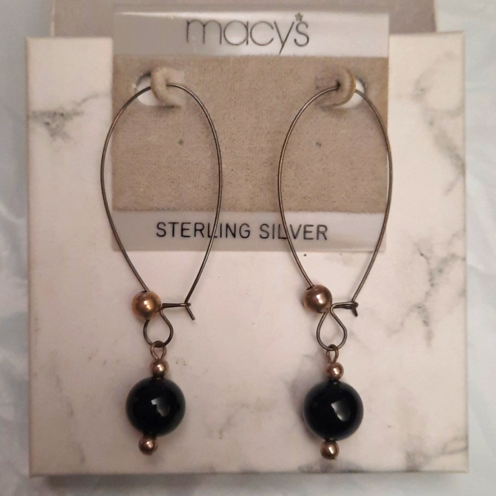 Silver hoop earrings with bronze and onyx beads